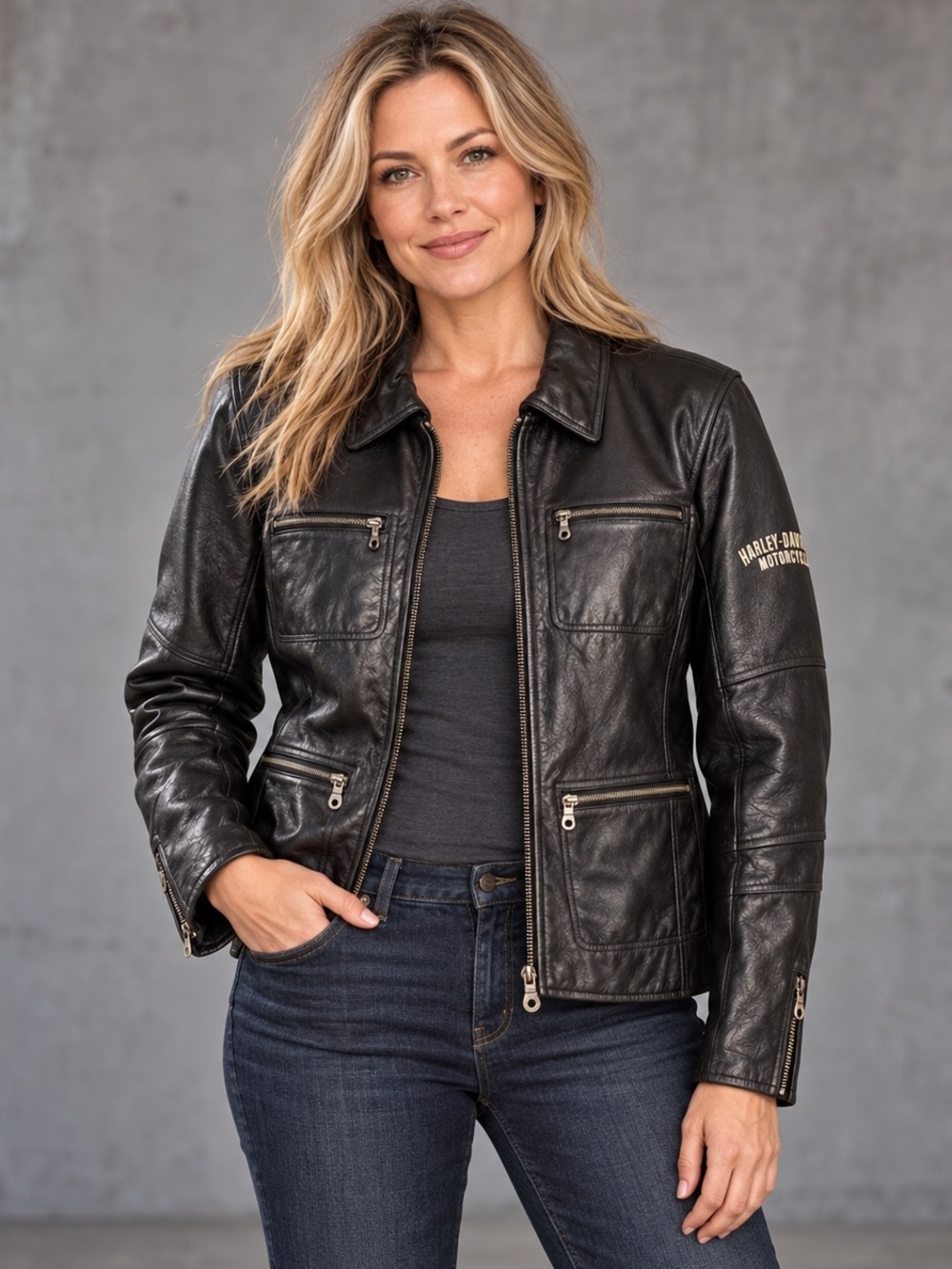 Harley-Davidson Black Leather Moto Embroidered Jacket with Zip Pockets